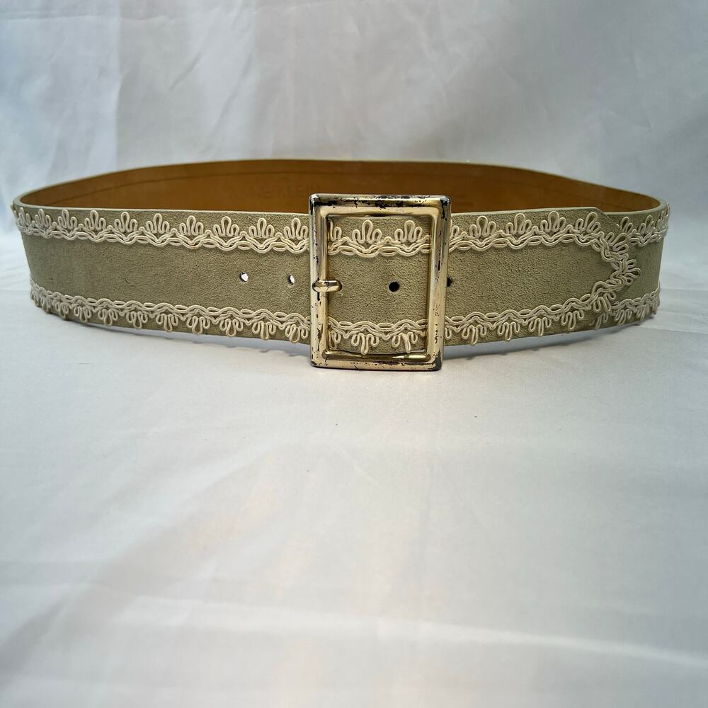 Vintage Anne Klein Leather Suede Classic Belt Sage Green XL Embroider Boho Wide